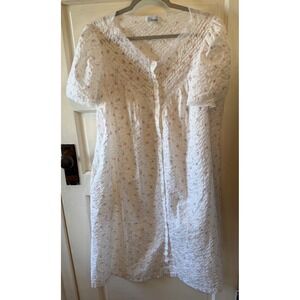 Damea Vintage Floral Seersucker Nightgown White Pink Lace Trim Button Front